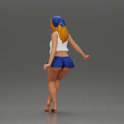 Stylish woman sitting casually in a white top and blue skirt - Only-Games