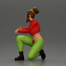 Fashionable woman kneeling in red jacket, green pants, and black boots - Only-Games
