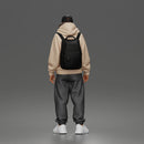 Chill Hooded Cap Walker Posing with Backpack Pants and Sneakers
