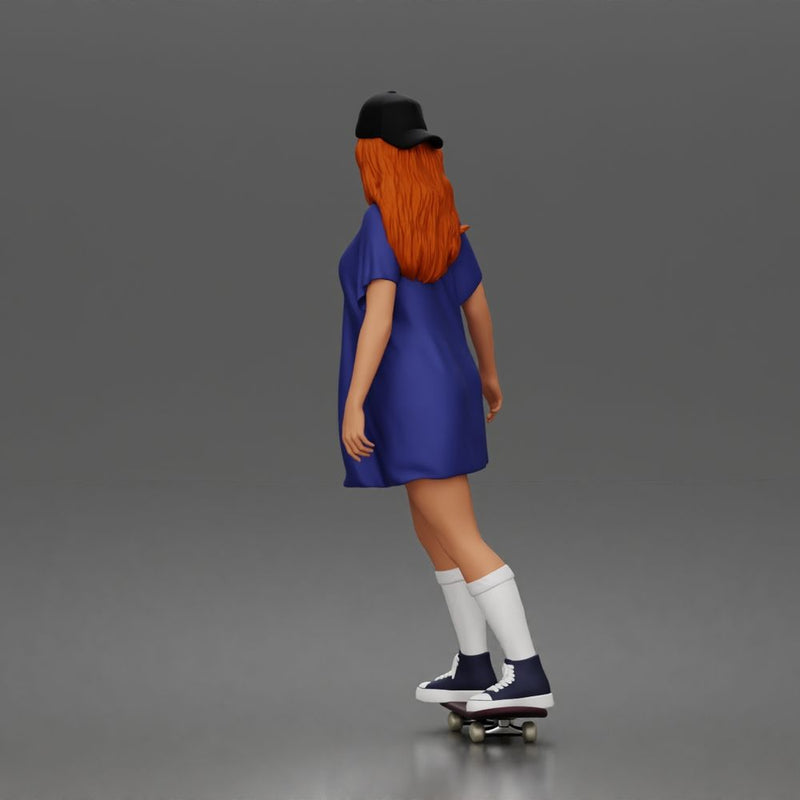 Skateboard girl in long shirt and cap gliding smoothly forward in relaxed street style pose - Only-Games