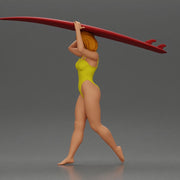 woman in yellow swimsuit carrying a red surfboard on her shoulders - Only-Games