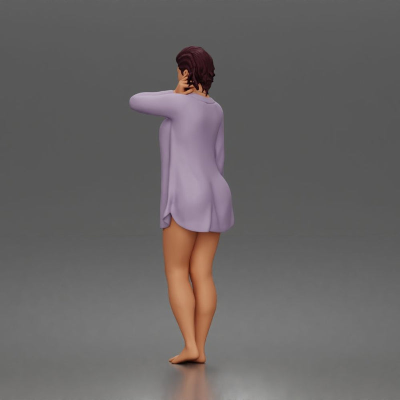 Relaxed morning woman character standing pose in open shirt loungewear outfit - Only-Games