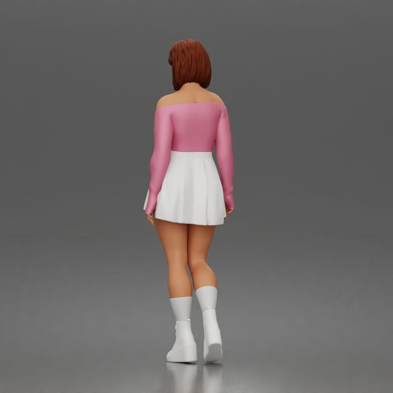 Trendy young woman character standing pose in off shoulder top skirt outfit - Only-Games