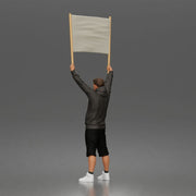 Casual protester holding blank banner wearing hoodie shorts and sneakers - Only-Games