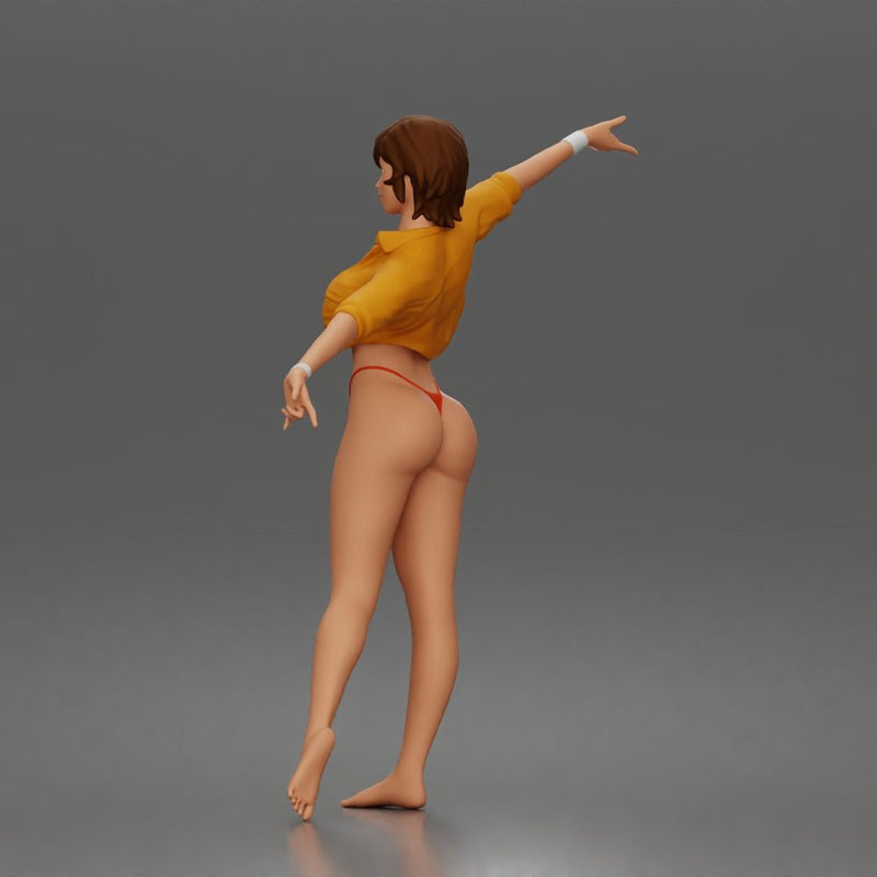 Woman dances balancing wearing crop top jacket bikini bottoms barefoot - Only-Games