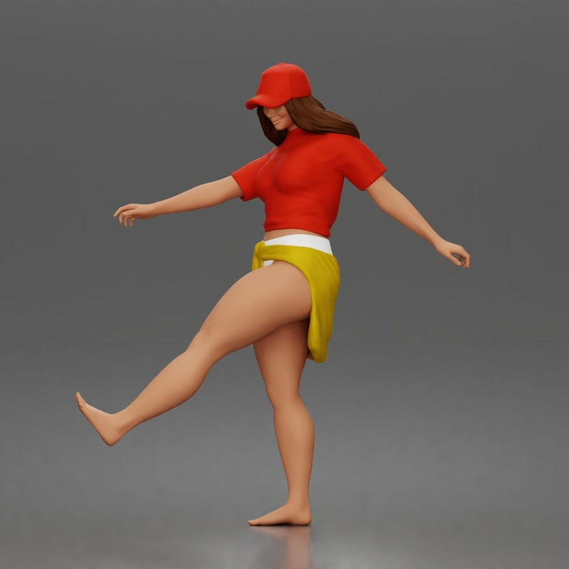 Surfer woman practices balancing in her shirt cap and skirt - Only-Games