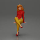 Stylish woman sitting confidently in red top yellow pants heels - Only-Games