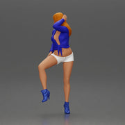Woman in blue top and white shorts posing on a motorbike - Only-Games