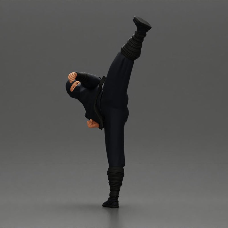 Ninja in black uniform performs high side kick with precision - Only-Games