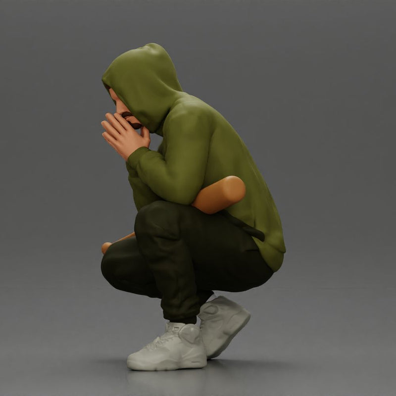 Gangster crouching low in green hoodie holding bat planning move - Only-Games