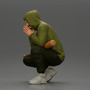Gangster crouching low in green hoodie holding bat planning move - Only-Games