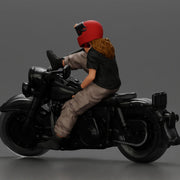 Biker woman in red helmet striking pose on black motorcycle - Only-Games