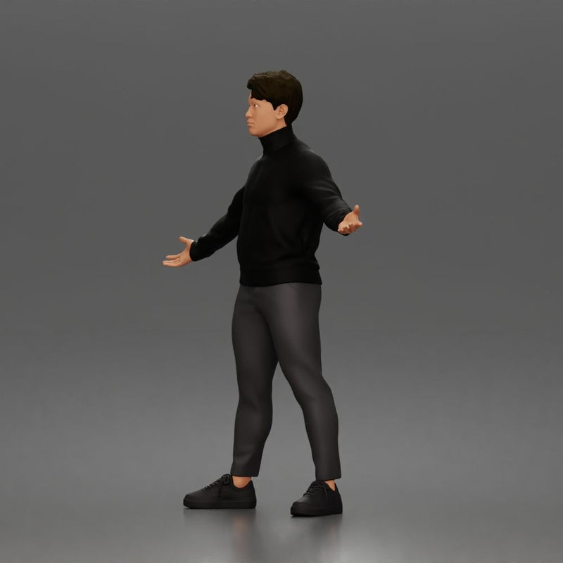 Casual presenter man character open arms pose in turtleneck sweater outfit - Only-Games