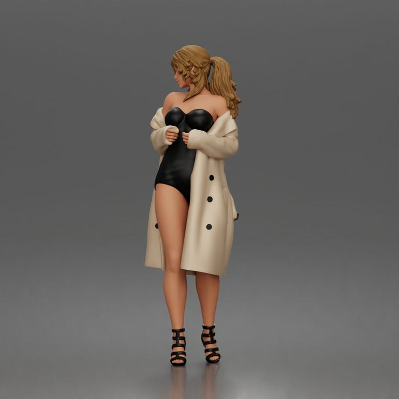 Woman Posing In Strapless Bodysuit With Long Coat And High Heel Sandals