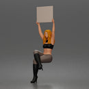 Woman Holding Blank Sign Overhead Seated Pose Crop Top Leggings Thigh High Boots
