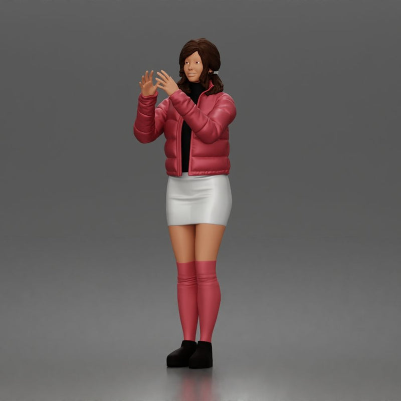 woman In Puffer Jacket With Mini Skirt Thigh-Highs And Boots