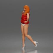 Woman poses flirtatiously wearing puffer vest bikini bottoms heeled sandals - Only-Games