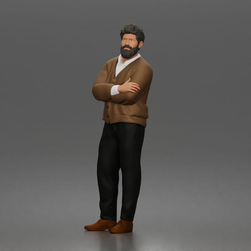 Man Standing Calmly in Casual Cardigan and Dress Pants
