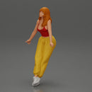 Woman sitting on car in red top yellow pants striking playful pose - Only-Games