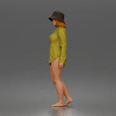 Standing woman In Oversized Button-Shirt With Bucket Hat Barefoot