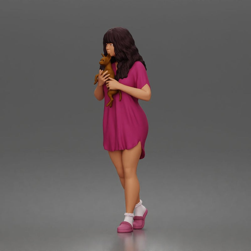 Pet lover woman cuddles tiny pup wearing comfy nightshirt socks slippers - Only-Games