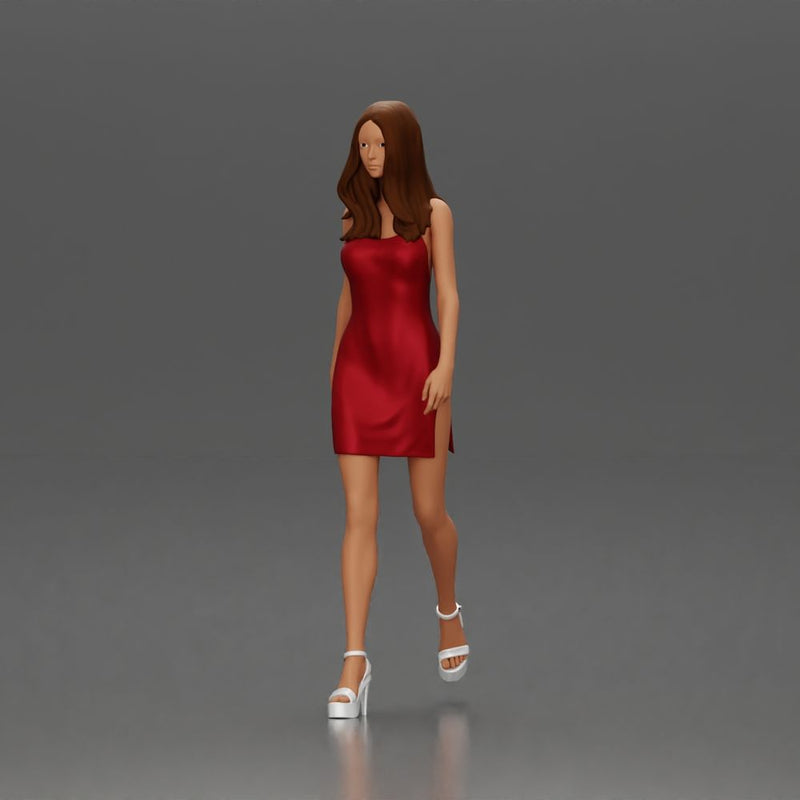 Woman in Red Dress and Heels Walking with Confident Stride - Only-Games