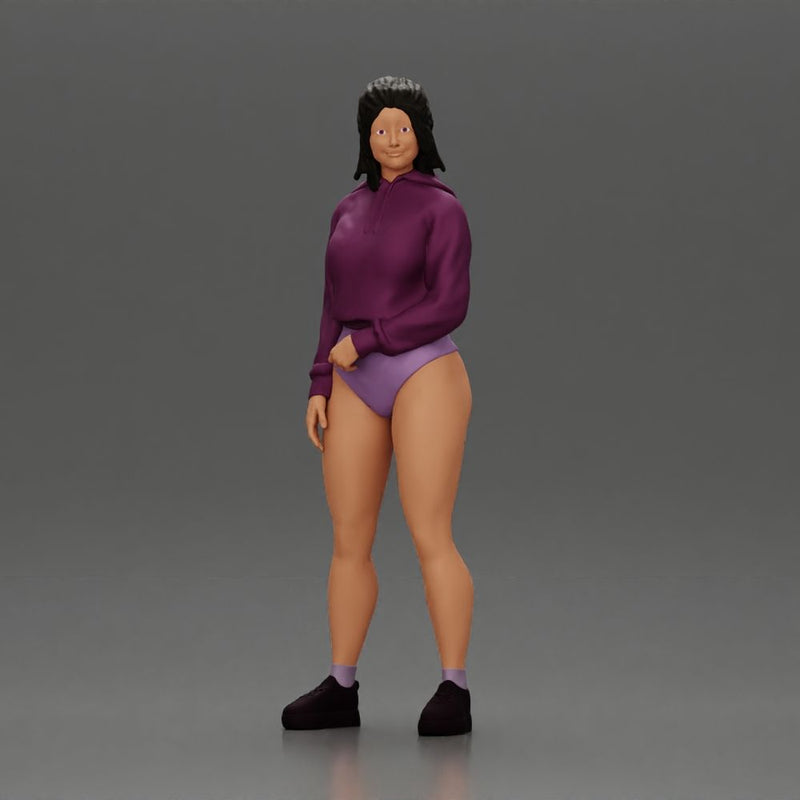 attractive woman in purple hoodie and bikini strikes a pose with style - Only-Games