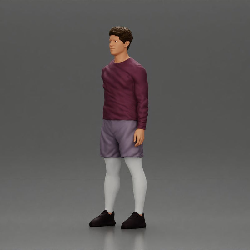 Casual man in purple shirt, shorts, and white tights standing confidently - Only-Games