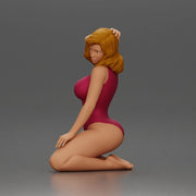 Woman in red swimsuit posing gracefully on her knees on the beach - Only-Games