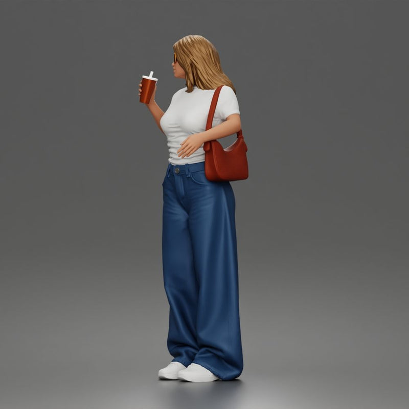 Standing Drinking In Tee Wide-Leg Jeans Sunglasses Bag And Sneakers