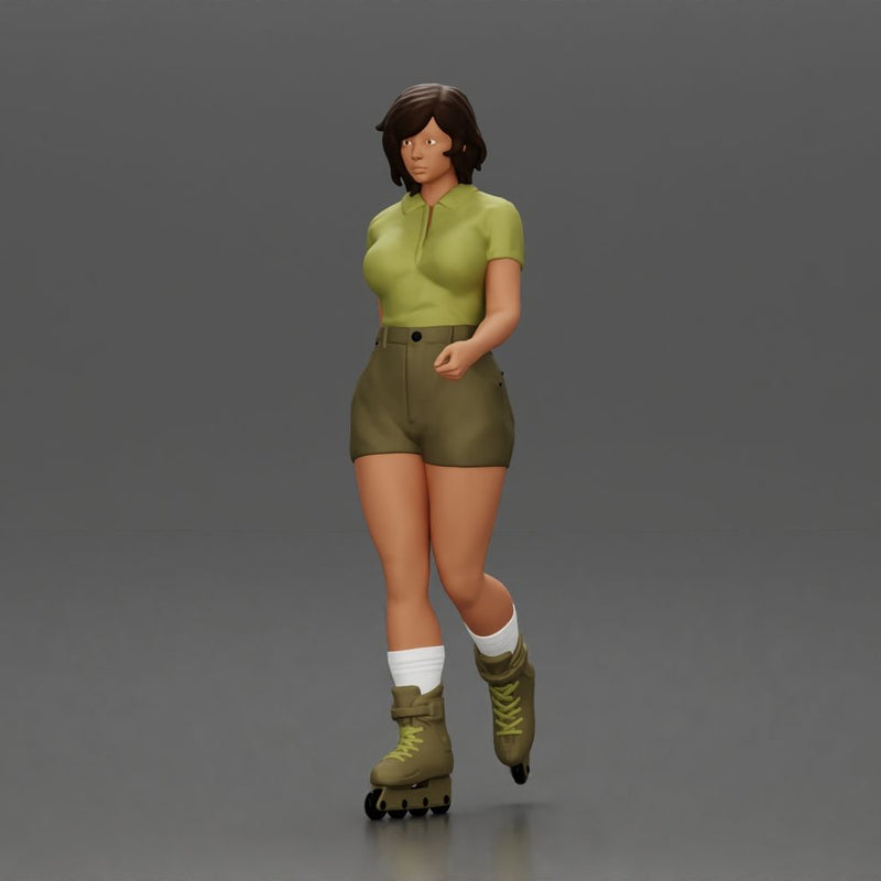 Woman in green outfit gliding smoothly on olive roller skates - Only-Games