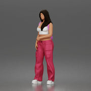 Woman strolls wearing crop top cargo pants bunny backpack sneakers - Only-Games