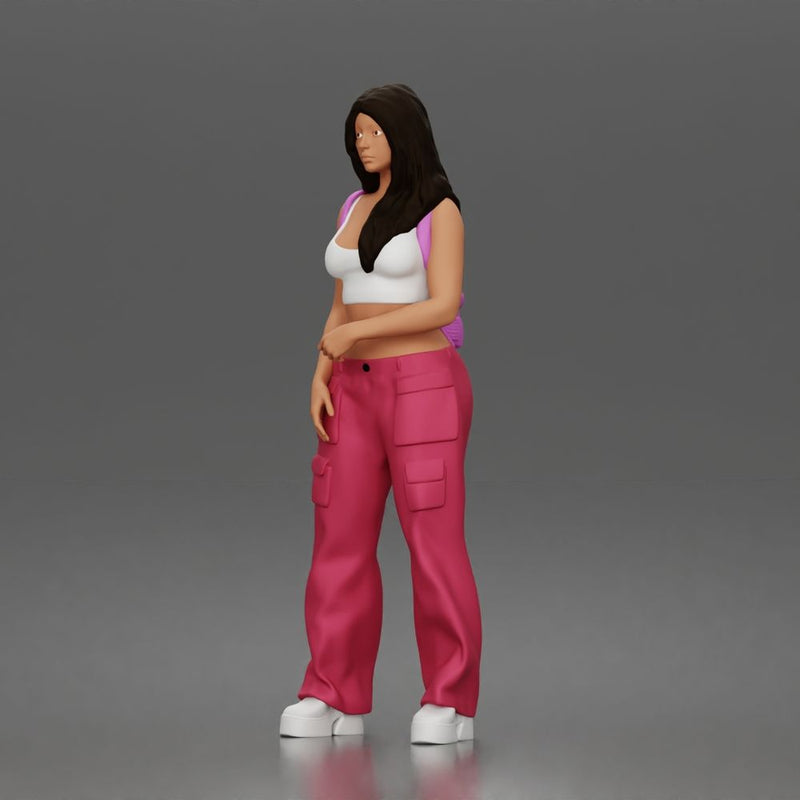 Woman strolls wearing crop top cargo pants bunny backpack sneakers - Only-Games