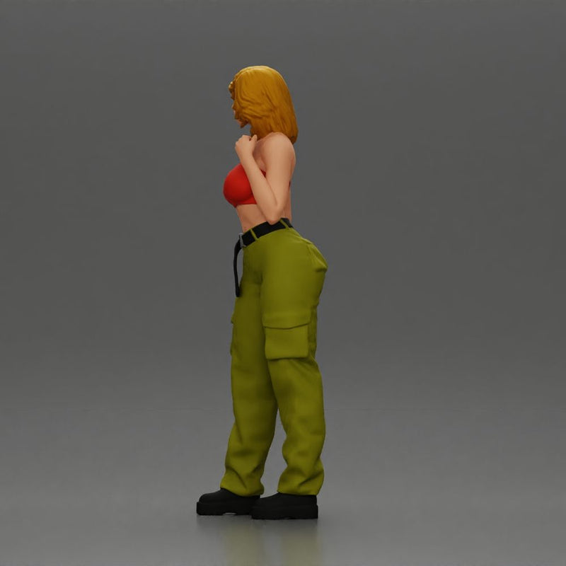 Urban dancer showcasing attitude in red tube top cargo pants pose - Only-Games