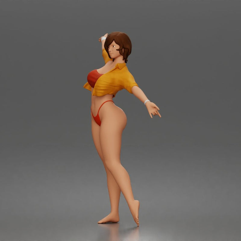 Woman dances balancing wearing crop top jacket bikini bottoms barefoot - Only-Games