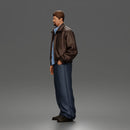 Standing In Leather Jacket Button Shirt Loose Trousers And Shoes
