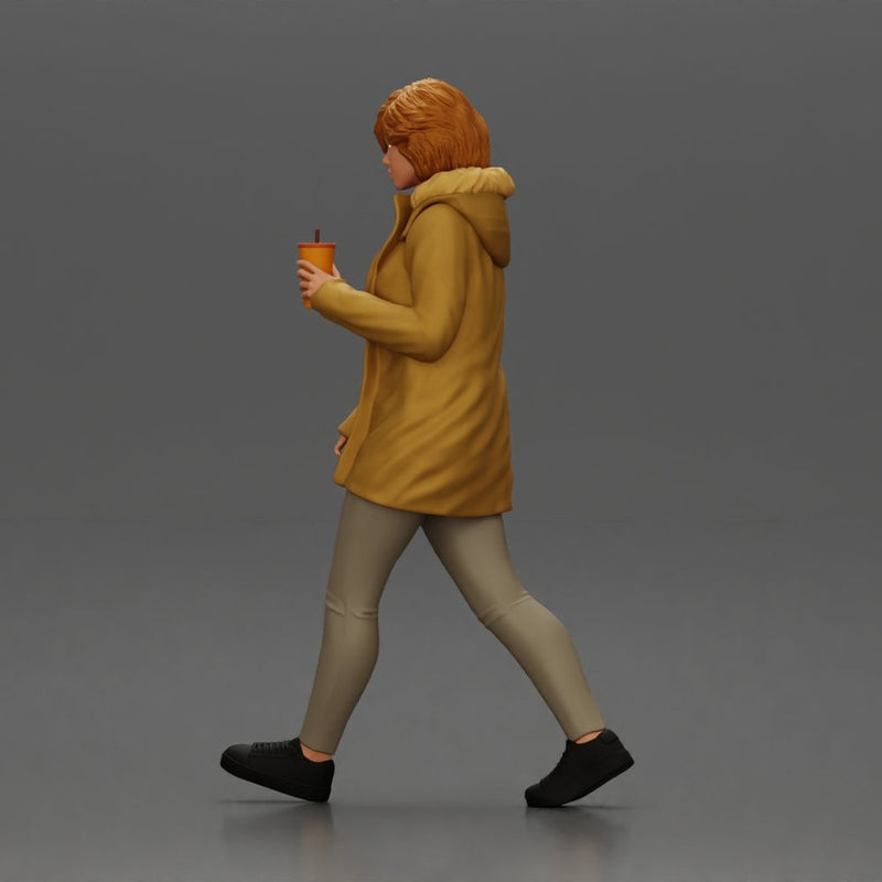 Woman walks sipping takeout drink wearing parka sweater leggings sneakers - Only-Games