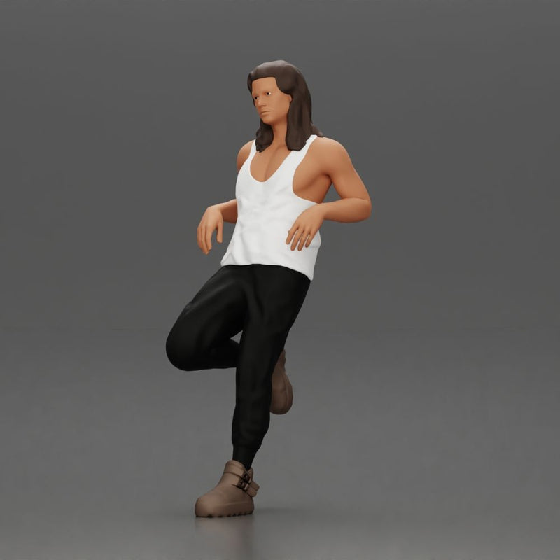 Man with long hair in Tank Top and Pants Leaning Confidently on Car - Only-Games
