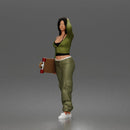 Skater woman holding skateboard wearing crop top baggy pants sneakers