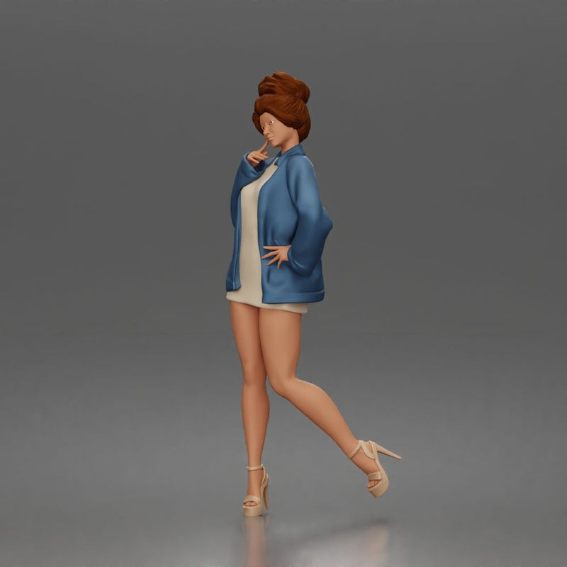 Elegant Woman Posing Confidently in Chic Jacket and Dress Outfit
