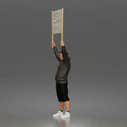 Casual protester holding blank banner wearing hoodie shorts and sneakers - Only-Games