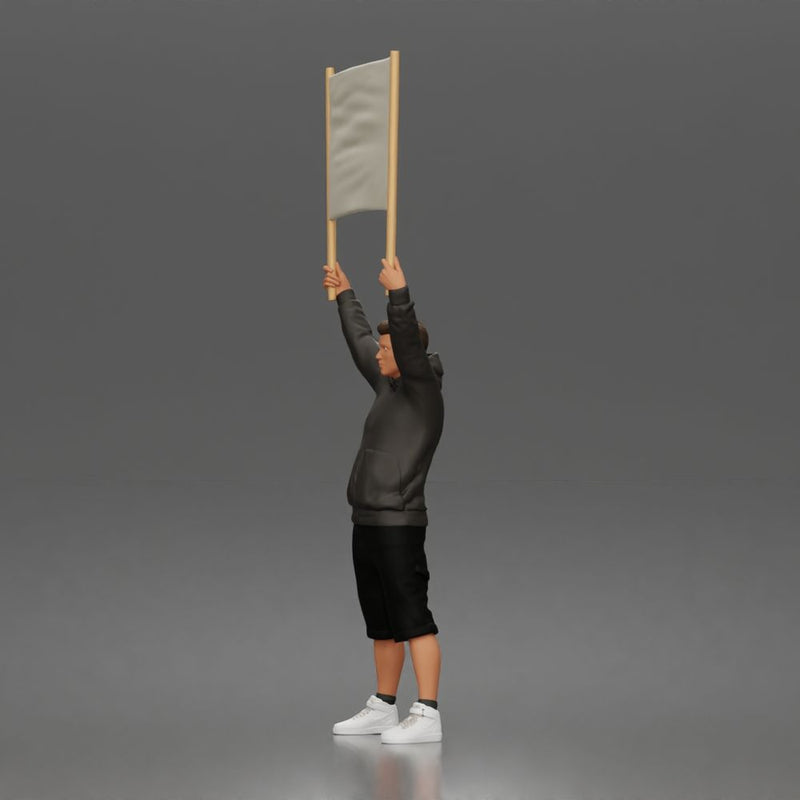 Casual protester holding blank banner wearing hoodie shorts and sneakers - Only-Games