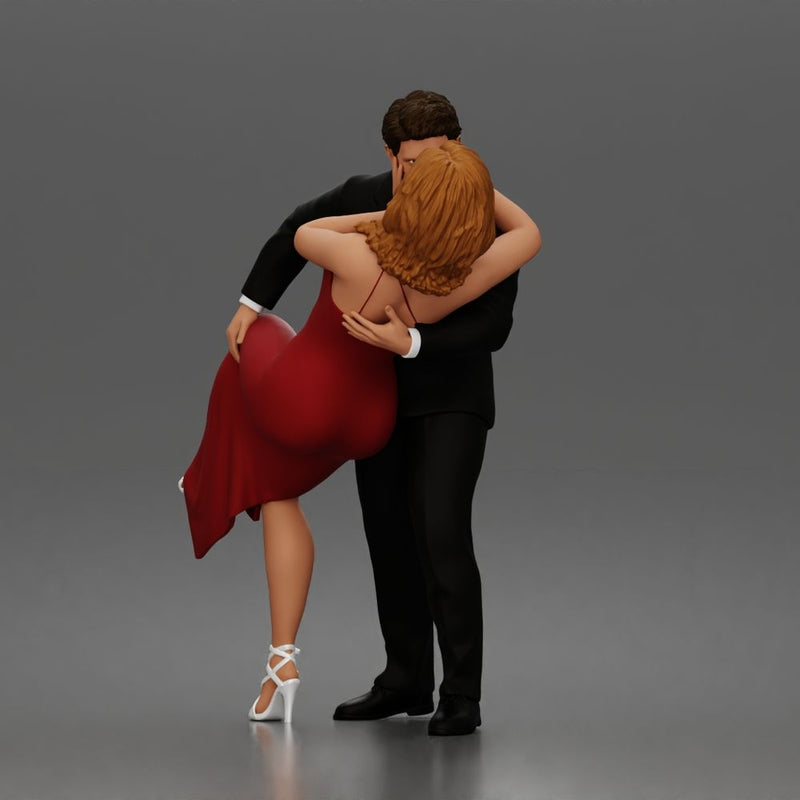 Man Dips Woman While Kissing Suit Long Dress Strappy Heels - Only-Games
