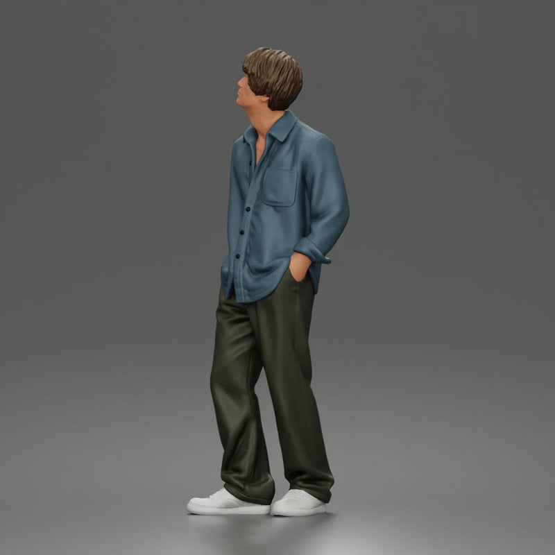 Relaxed Sky Gazer Posing in Open Shirt Pants and Sneakers