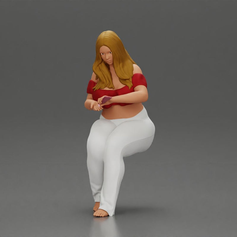 Blonde woman in red top white pants sitting applies hand cream - Only-Games