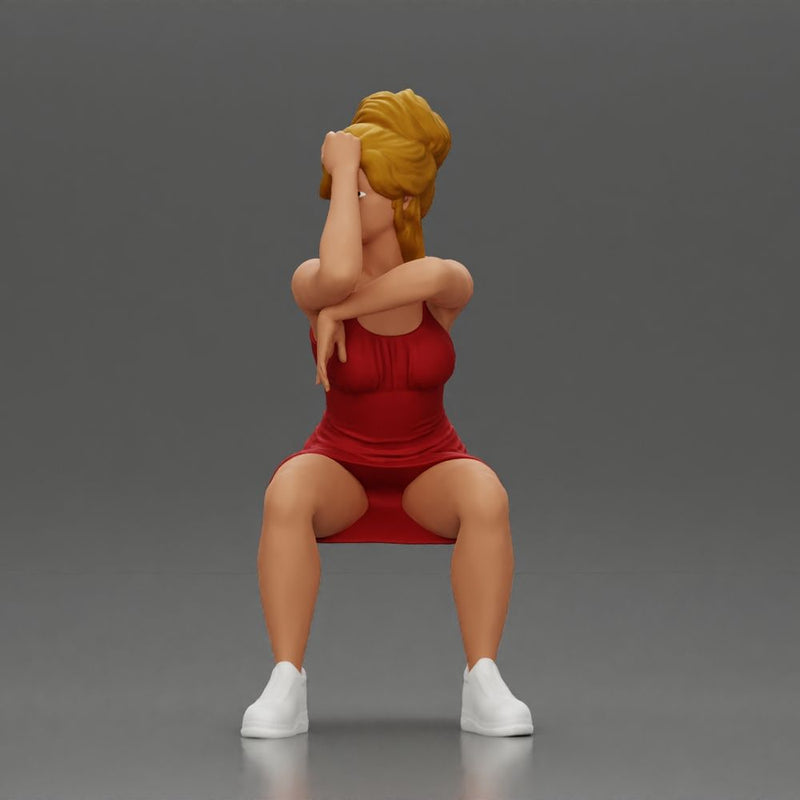 Stylish woman in red dress and sneakers striking dynamic pose - Only-Games