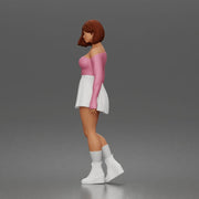 Trendy young woman character standing pose in off shoulder top skirt outfit - Only-Games