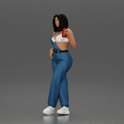 Woman with black hair wearing blue overalls holding a drink - Only-Games