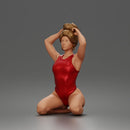 Kneeling Hands On Head Poser in Bodysuit and Hoop Earrings