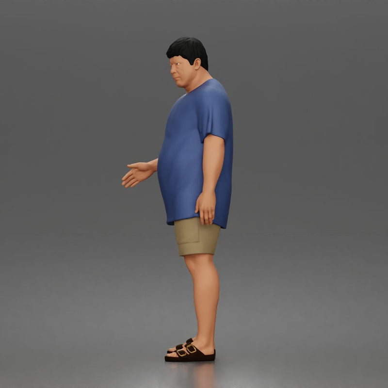 Relaxed asian man character walking pose in t shirt shorts sandals outfit - Only-Games